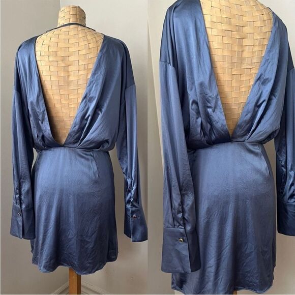 SEROYA Silk Alisa Dress Long Sleeve Mini Open Back V Neck Country Blue - Picture 9 of 13